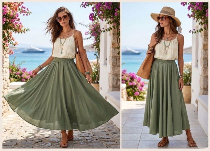 Belle jupe longue en voile de coton kaki ou blanc