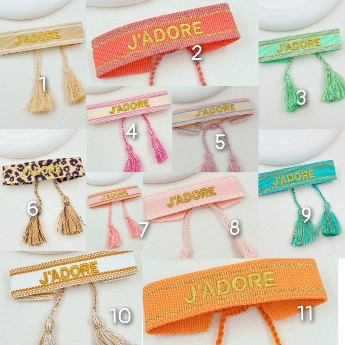 Bracelet j'adore en tissu tendance 11 modèles 