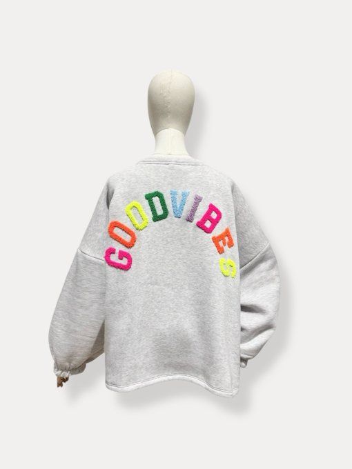 Sweat gris  molleton inscription GOOD VIBES colorée