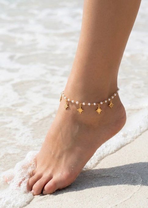 Bracelet de cheville étoiles et perles nacrées 