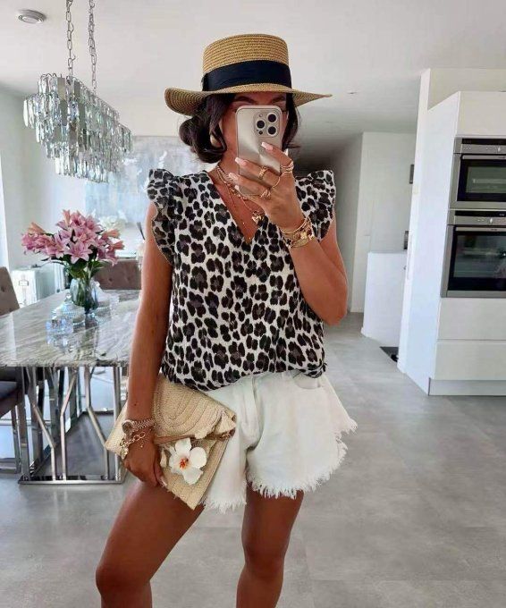 Top léopard en gaze de coton beige ou rose 