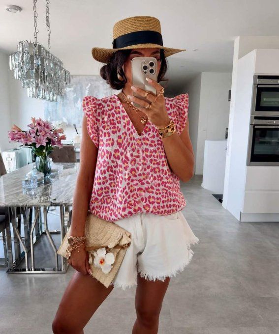 Top léopard en gaze de coton beige ou rose 