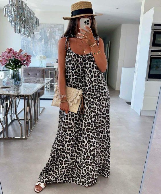 Robe longue léopard en gaze de coton