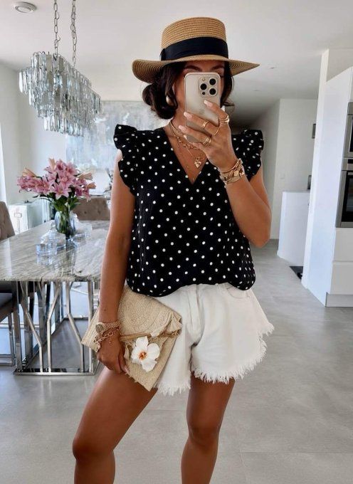 Top à pois en gaze de coton blanc ou noir 
