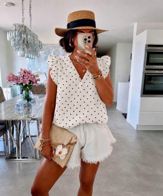 Top à pois en gaze de coton blanc ou noir 
