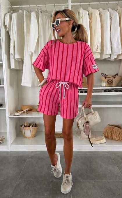 Ensemble top et short fuschia rayé