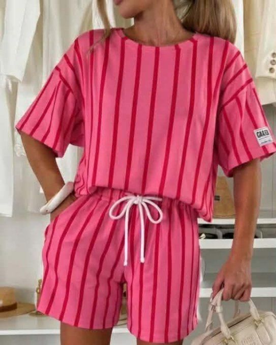 Ensemble top et short fuschia rayé