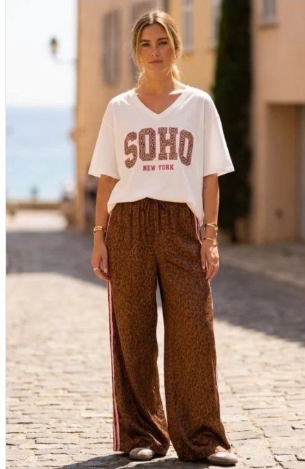 Pantalon satiné léopard bande latérale rose