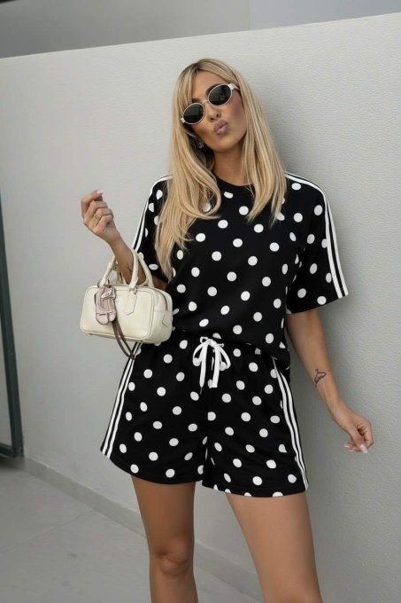 Ensemble top et short à pois noir ou blanc 