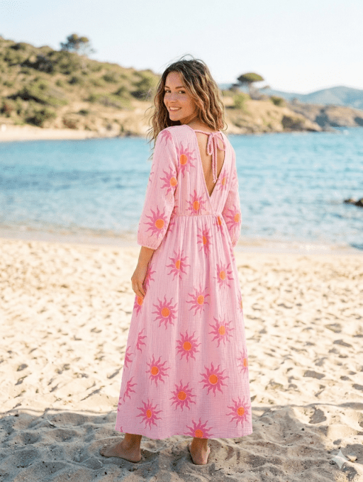 Robe longue SOLEIL rose en gaze de coton 