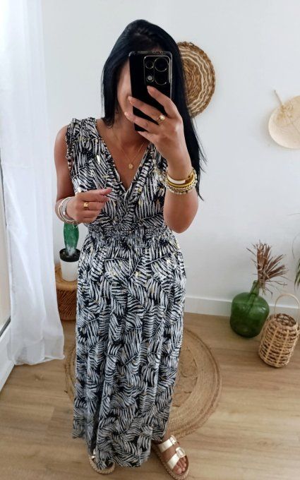 Robe magique imprimée feuillage fond noir ou bleu marine