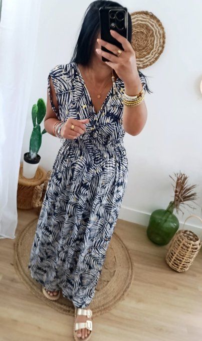 Robe magique imprimée feuillage fond noir ou bleu marine