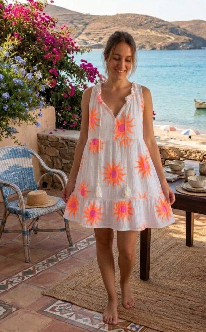 Belle robe soleil en gaze de coton rose ou blanche 