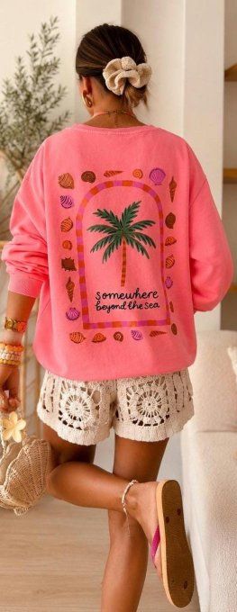 Sweat tendance palmier & coquillages corail 