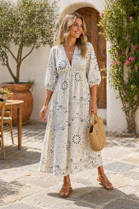 Robe longue motif bandana beige 