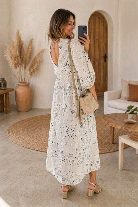 Robe longue motif bandana beige 