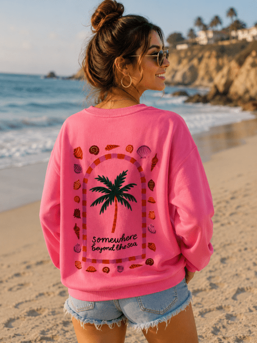 Sweat tendance palmier & coquillages blanc ou  corail 