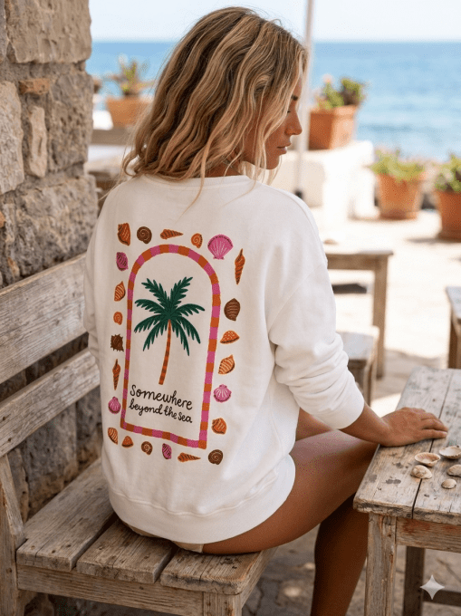 Sweat tendance palmier & coquillages blanc ou  corail 