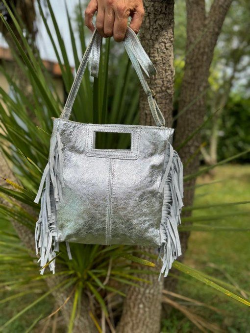 Sac à franges tendance argenté en cuir véritable 