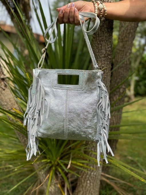 Sac à franges tendance argenté en cuir véritable 