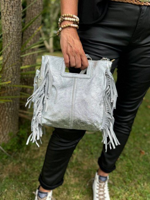 Sac à franges tendance argenté en cuir véritable 