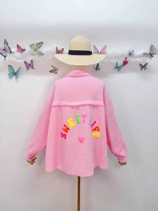 Chemise inscription sweet life en gaze de coton blanche  ou rose