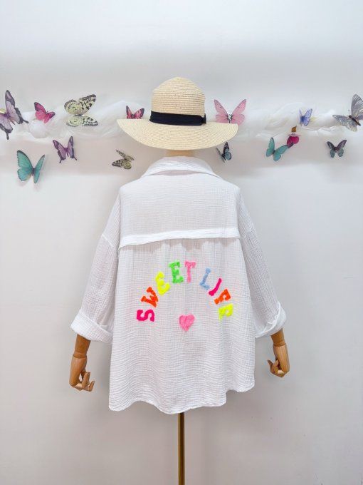 Chemise inscription sweet life en gaze de coton blanche  ou rose
