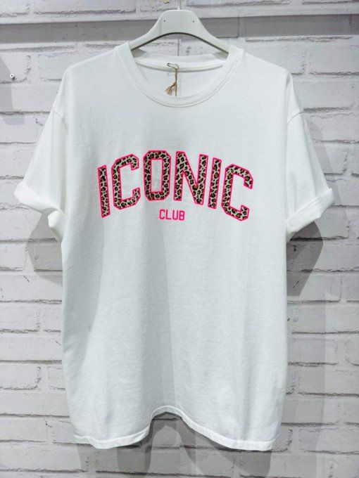 Tee shirt blanc inscription Iconic en léopard et roser fuschia
