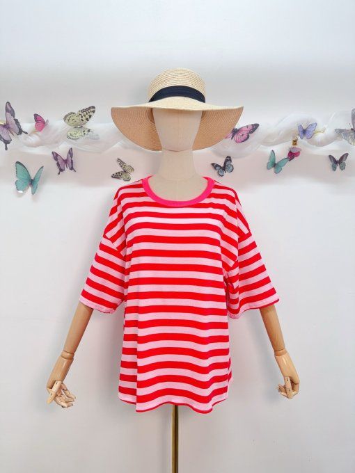 Tee shirt rayé tendance avec lien à nouer au dos 
