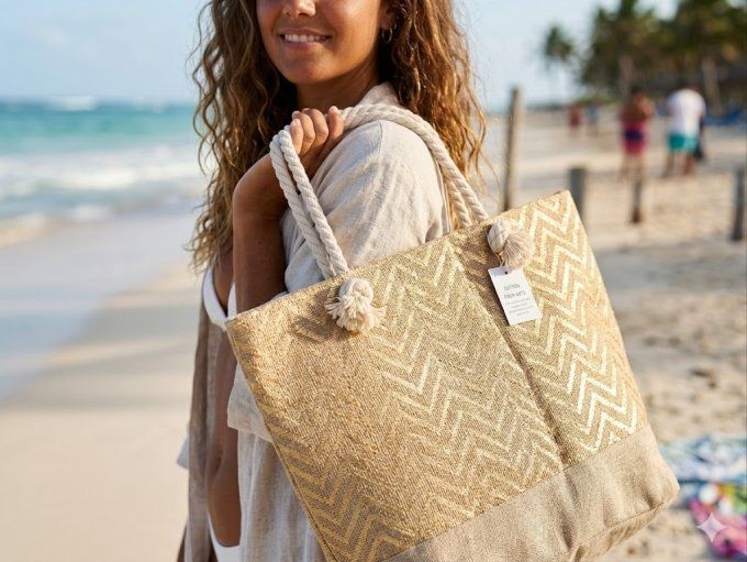 Grand sac estivale zig zag doré et beige