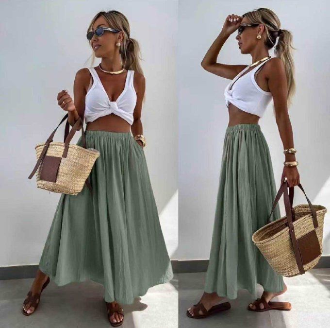 Belle jupe longue en voile de coton kaki ou blanc 