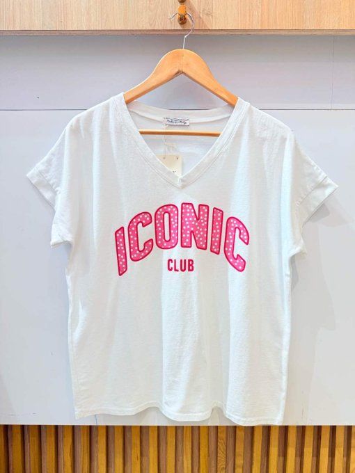 Tee shirt blanc inscription Iconic  club en fuschia 