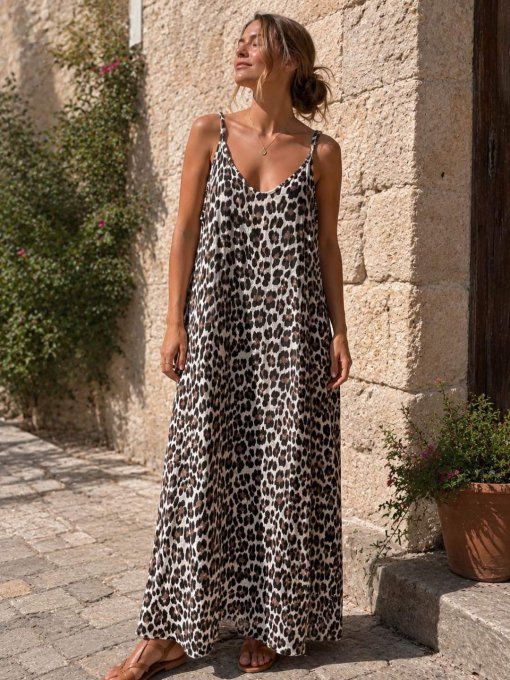Robe longue à bretelles léopard gaze de coton 