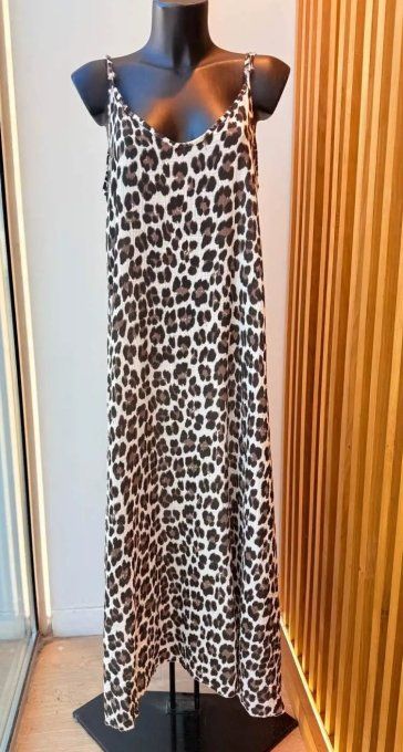 Robe longue à bretelles léopard gaze de coton 