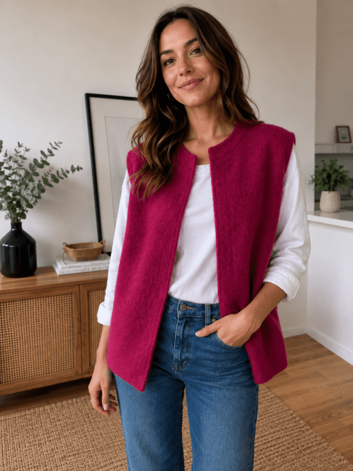 Gilet veste sans manches rouge foncé effet laine bouillie 