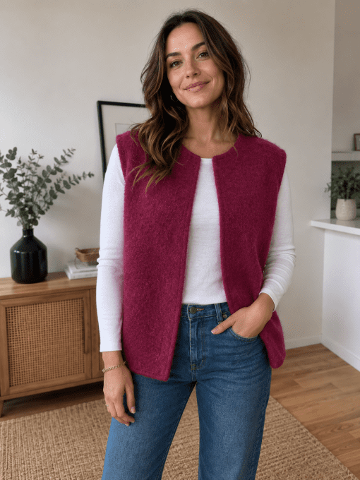 Gilet veste sans manches rouge foncé effet laine bouillie 