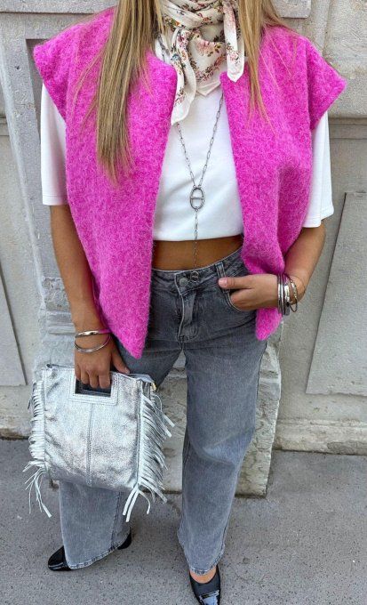 Gilet veste sans manches fuschia effet laine bouillie 