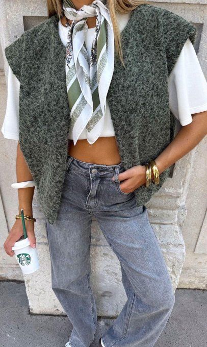 Gilet veste sans manches kaki effet laine bouillie  