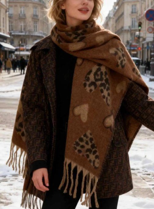 Grande Écharpe tendance coeurs et leopard 30 % laine  